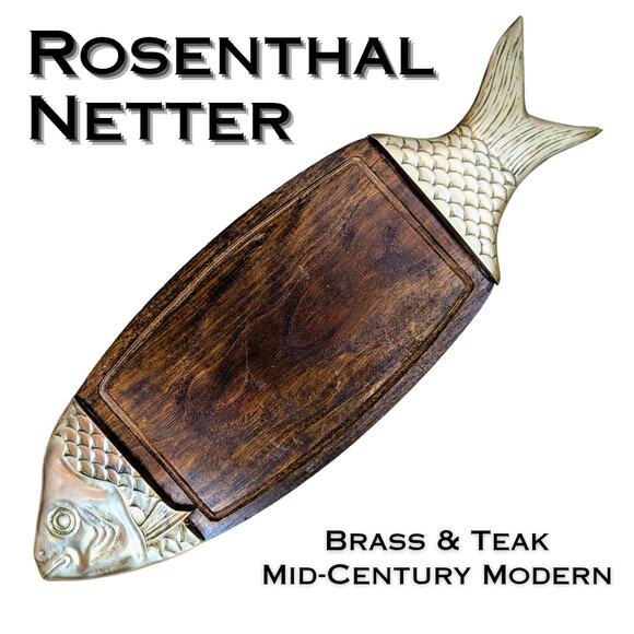 VTG Rosenthal Netter Serving Charcuterie Sushi Board Brass Teak Wood Fish Shaped - Picture 1 of 11